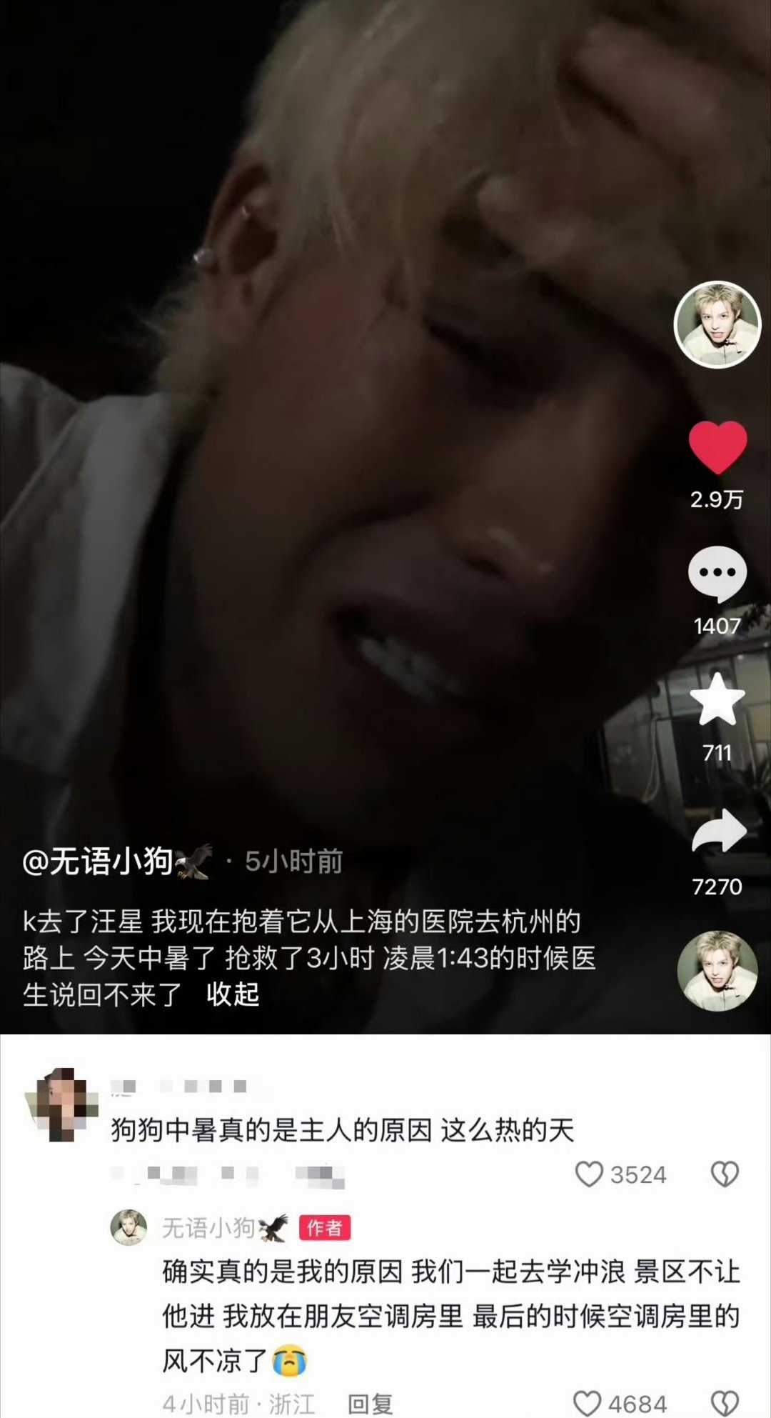 殷世航养的狗中暑去世了殷世航带着小狗k哥去学冲浪，景区不让进，他把k哥放到朋友的