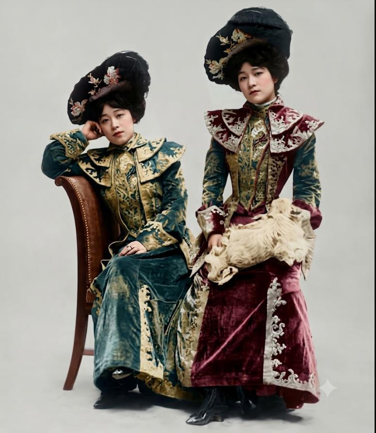 1900年，巴黎，大清驻法公使的一双女儿，左侧为裕德龄，右侧为裕容龄。
一身时髦