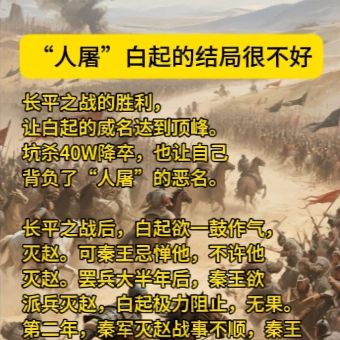 长平之战的胜利，让白起的威名达到顶峰。
坑杀40W降卒，也让自己背负了“人屠”的