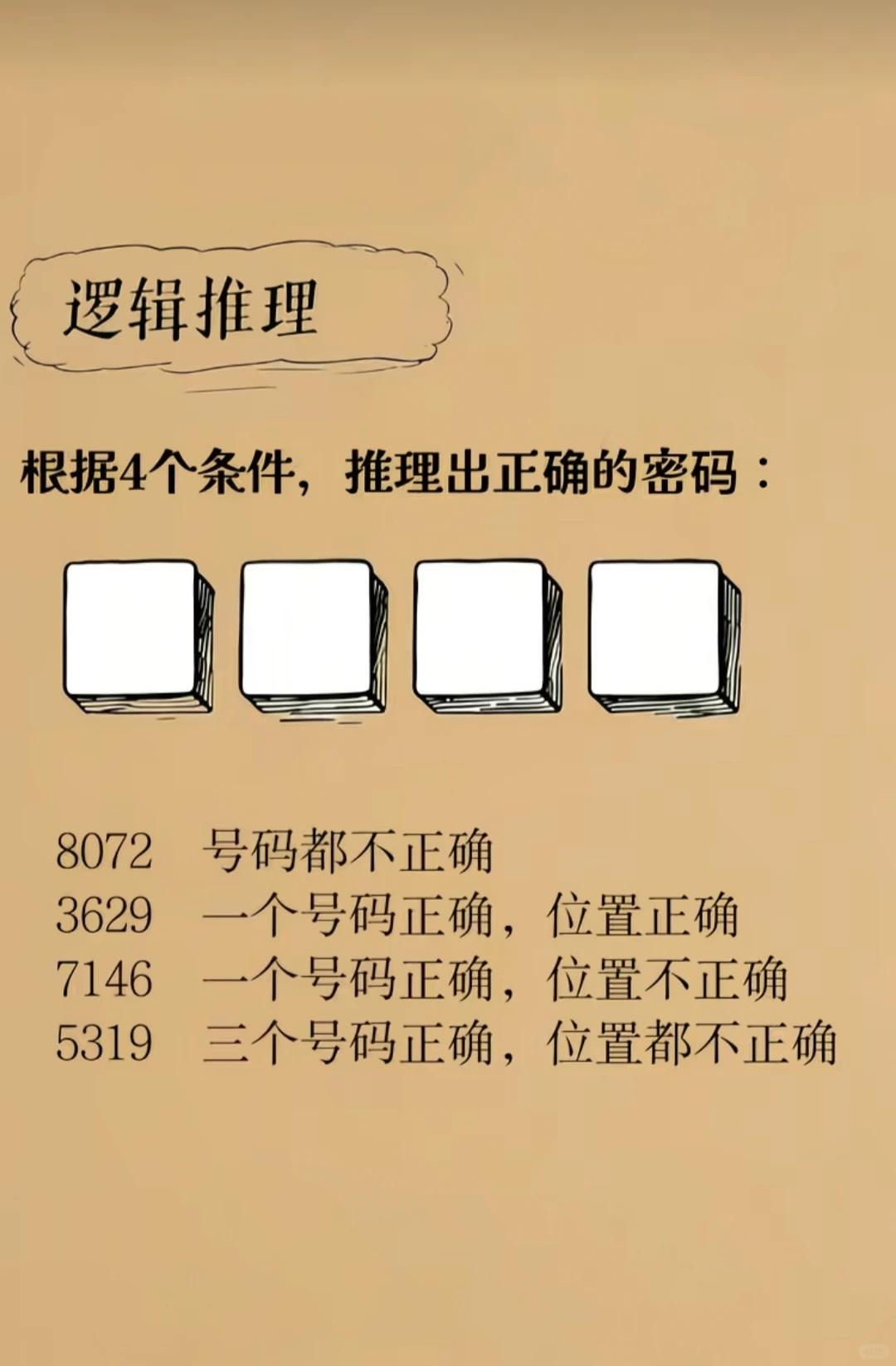 烧脑逻辑推理！4 条线索破解 4 位密码，你能推出来吗？


一道趣味逻辑推理题