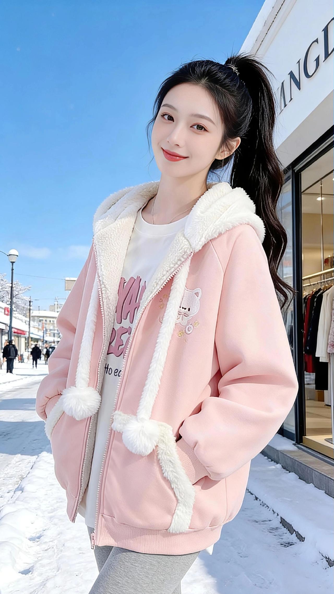 雪色里的粉樱温柔
 
冬日的风卷着细雪，拂过街边的橱窗，却吹不散那抹撞进眼底的粉