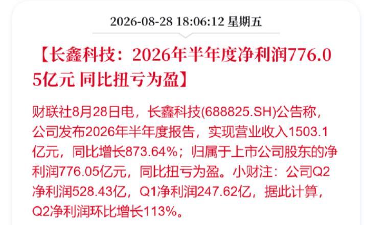 刚刚！长鑫公布上市后首份财报：成功扭亏为盈！长鑫科技公告称，公司发布2026年半