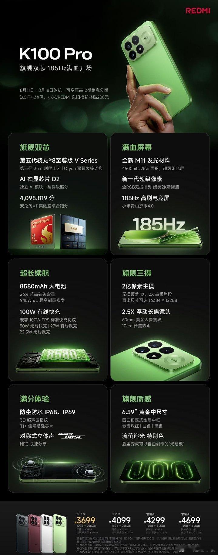 REDMI K100标准版定位3500元档，搭载骁龙8E芯片、米系最大电池据博主
