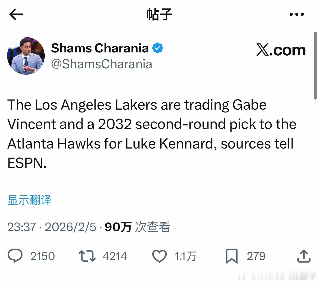 湖人也出手了！！ 据ESPN名记Shams报道，湖人￼将文森特￼+2032年次轮