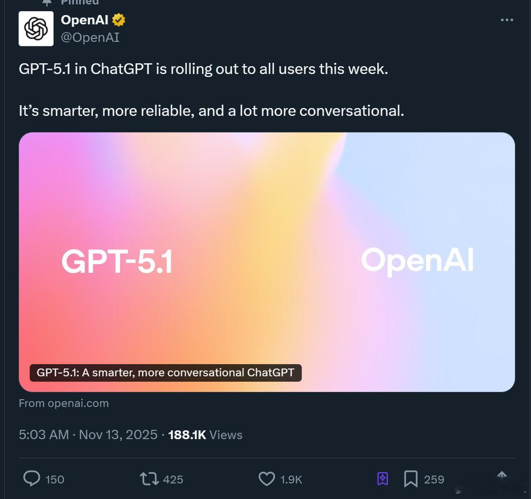 OpenAI更新了GPT-5.1，ChatGPT比之前更聪明，也更像人了。GPT