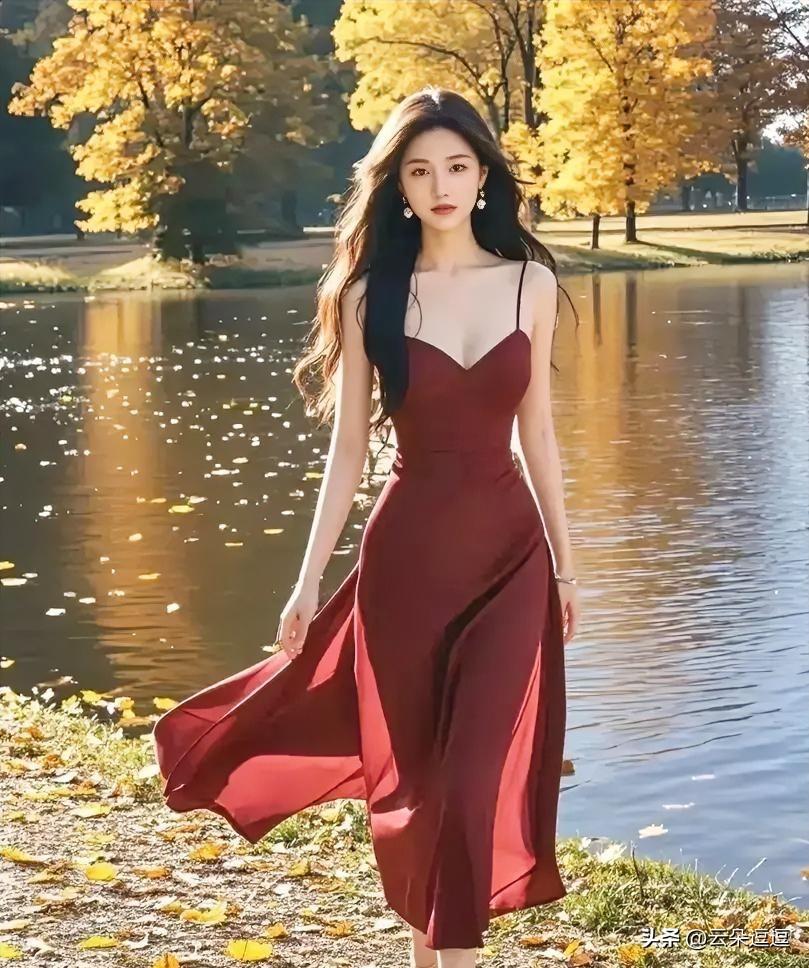 秋日湖畔，红裙飘逸，落叶纷飞，美不胜收。