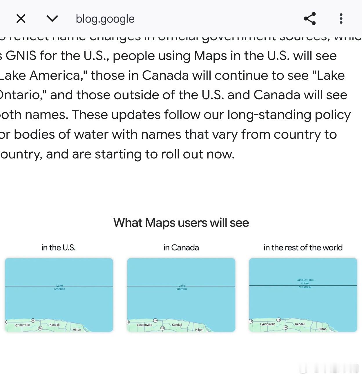 Google 对安大略湖的名称更改进行了说明：美国使用者显示LAKE AMERI