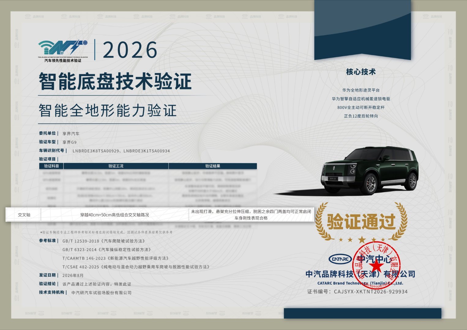 享界G9通过中汽中心智能底盘技术认证享界G9的硬派实力，经过中汽中心权威实测认证