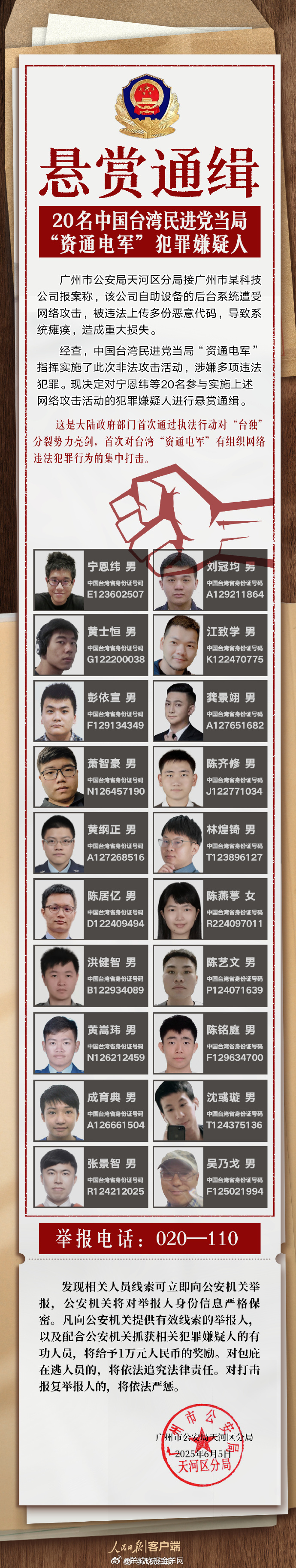 #20名台湾黑客被悬赏通缉#【转扩！#公安机关通缉台湾资通电军首恶分子#】5月2