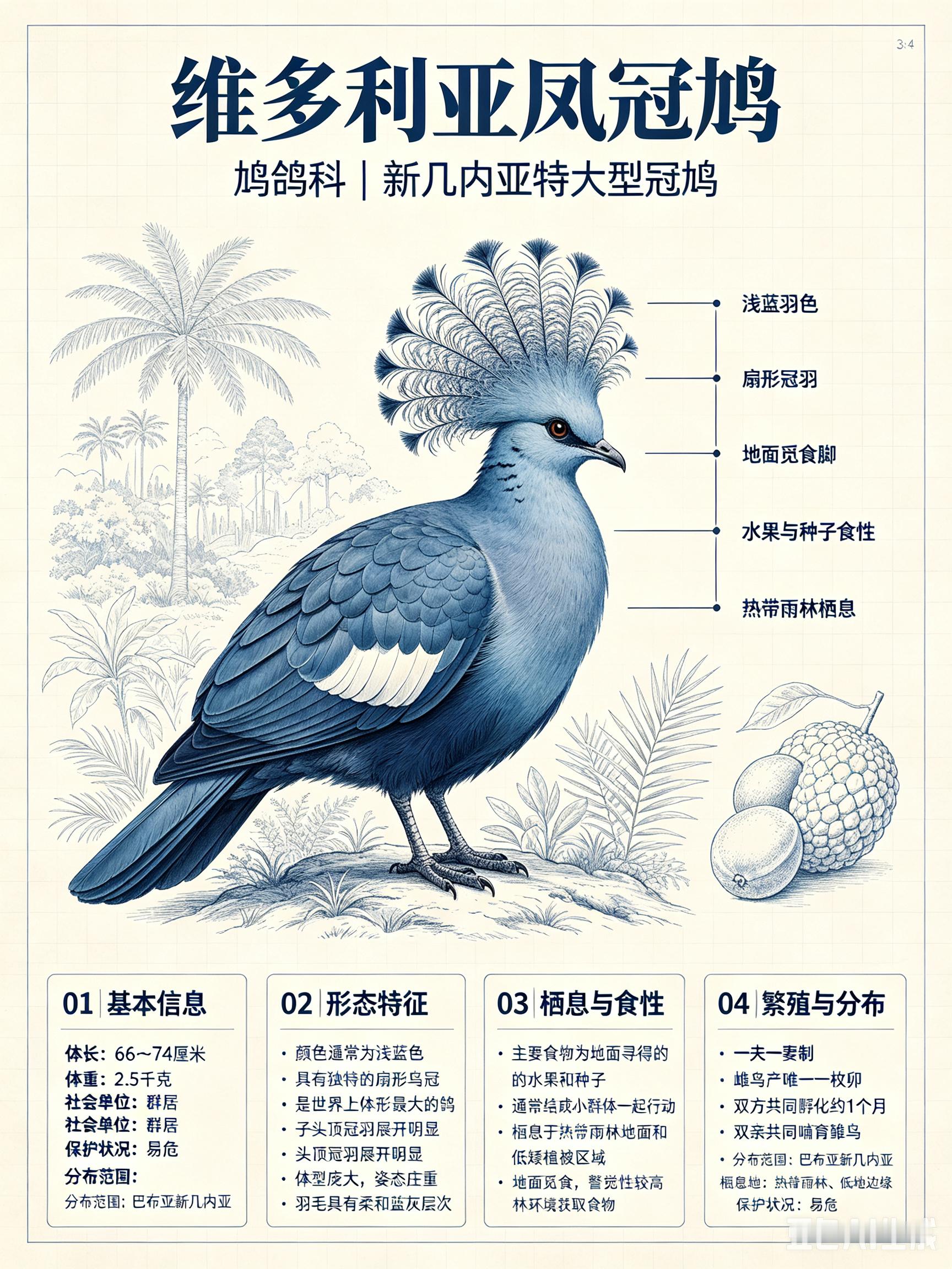 鸟类朋友图鉴 维多利亚凤冠鸠体长：66~74 厘米体重：2.5 千克社会单位：群