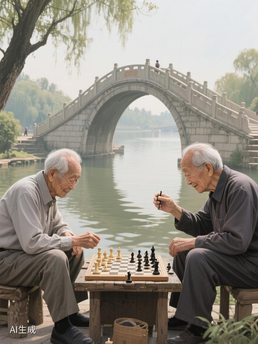 AI妙生图河畔石桥下，两位老人对弈时光，落子间，岁月的棋局自有乾坤！