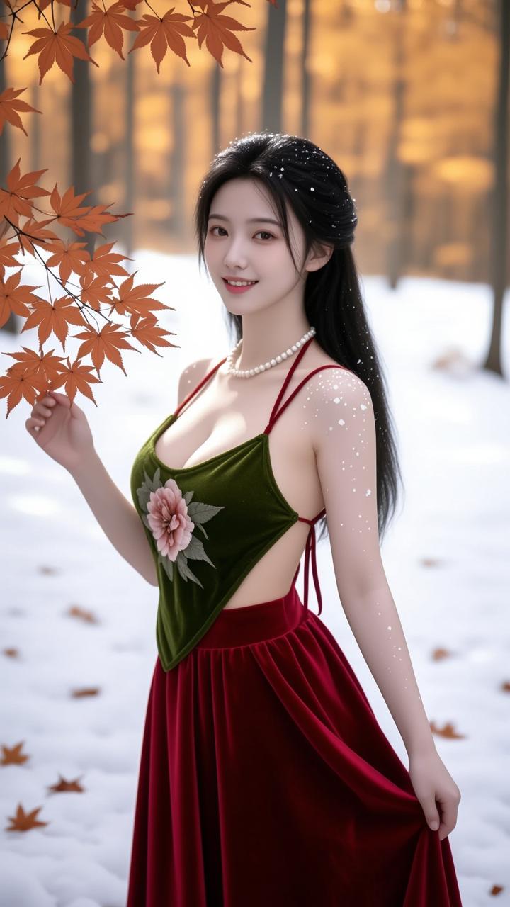 秋日暖阳下的红裙少女，雪地里的浪漫时光