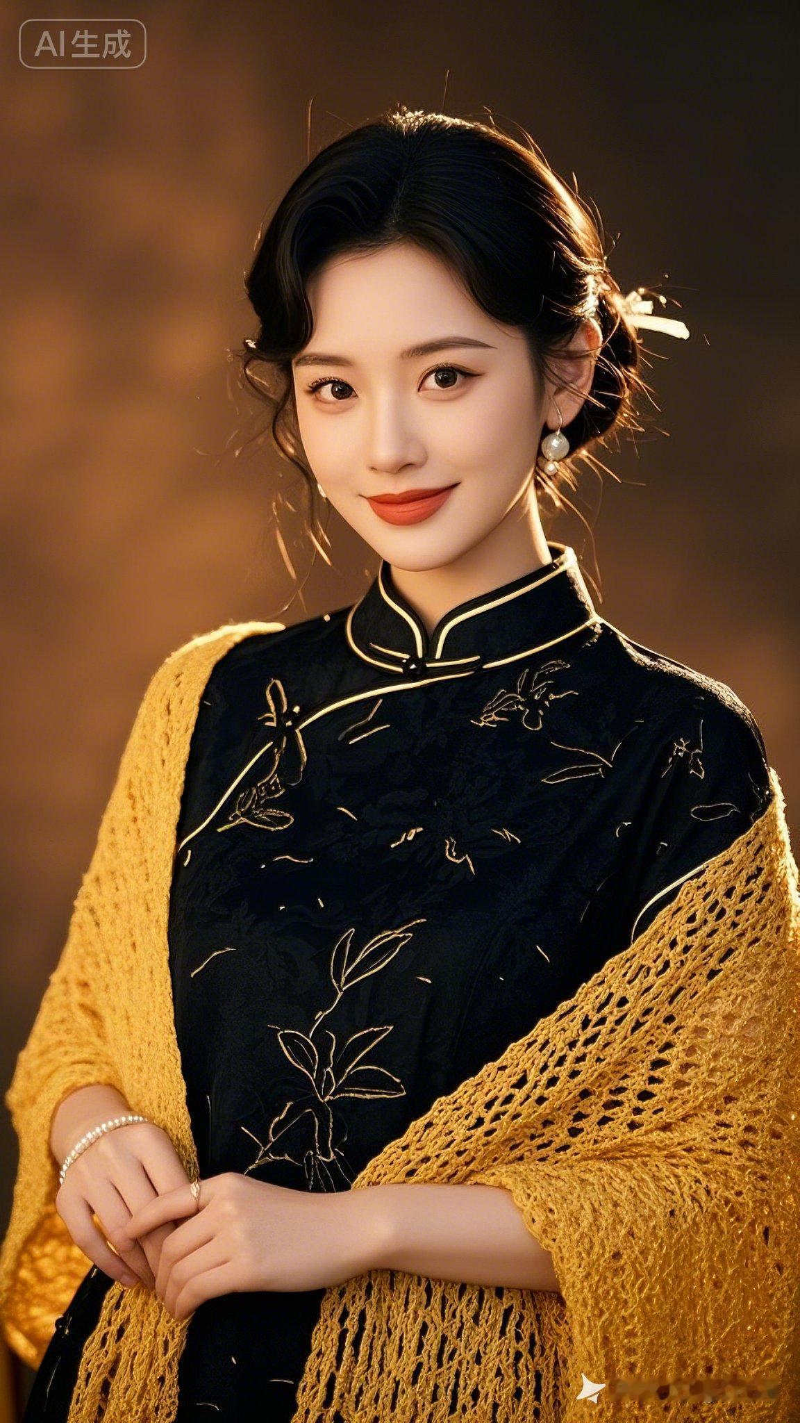 优雅黑裙搭配金色披肩，尽显东方古典美！🌟✨