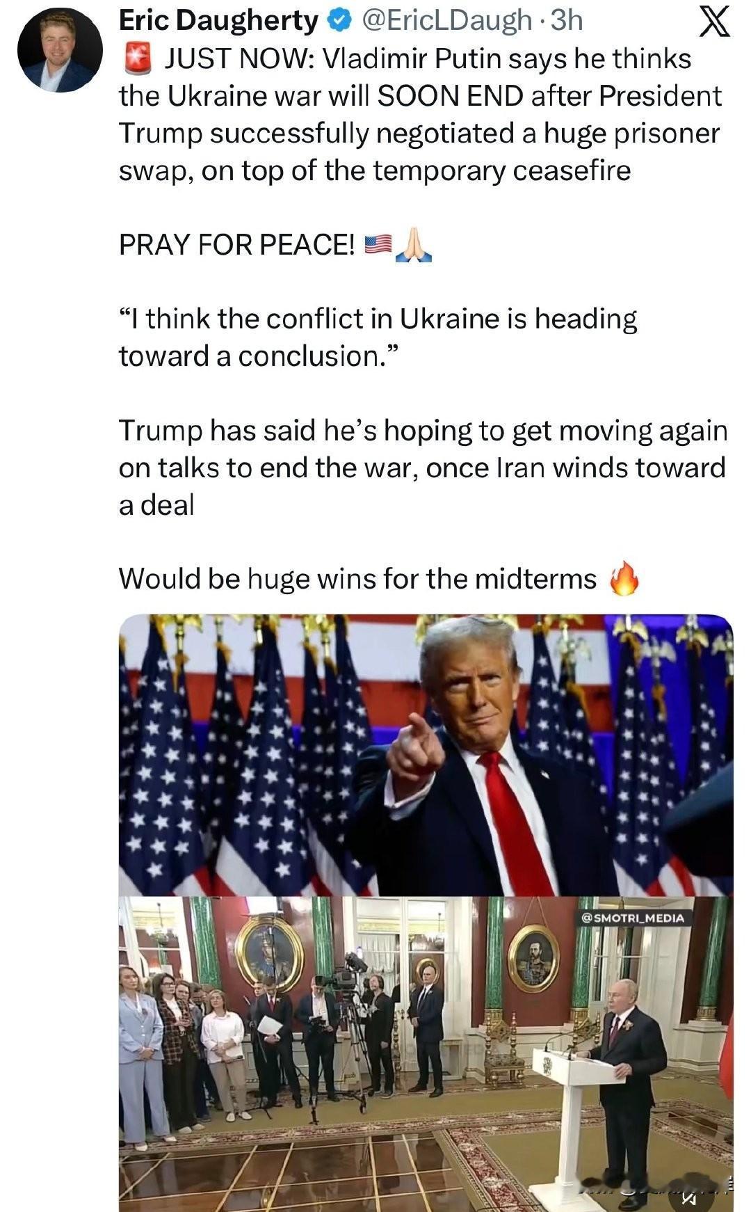 📢 刚刚消息：Putin表示，在川普总统成功促成大规模换俘以及临时停火之后，他