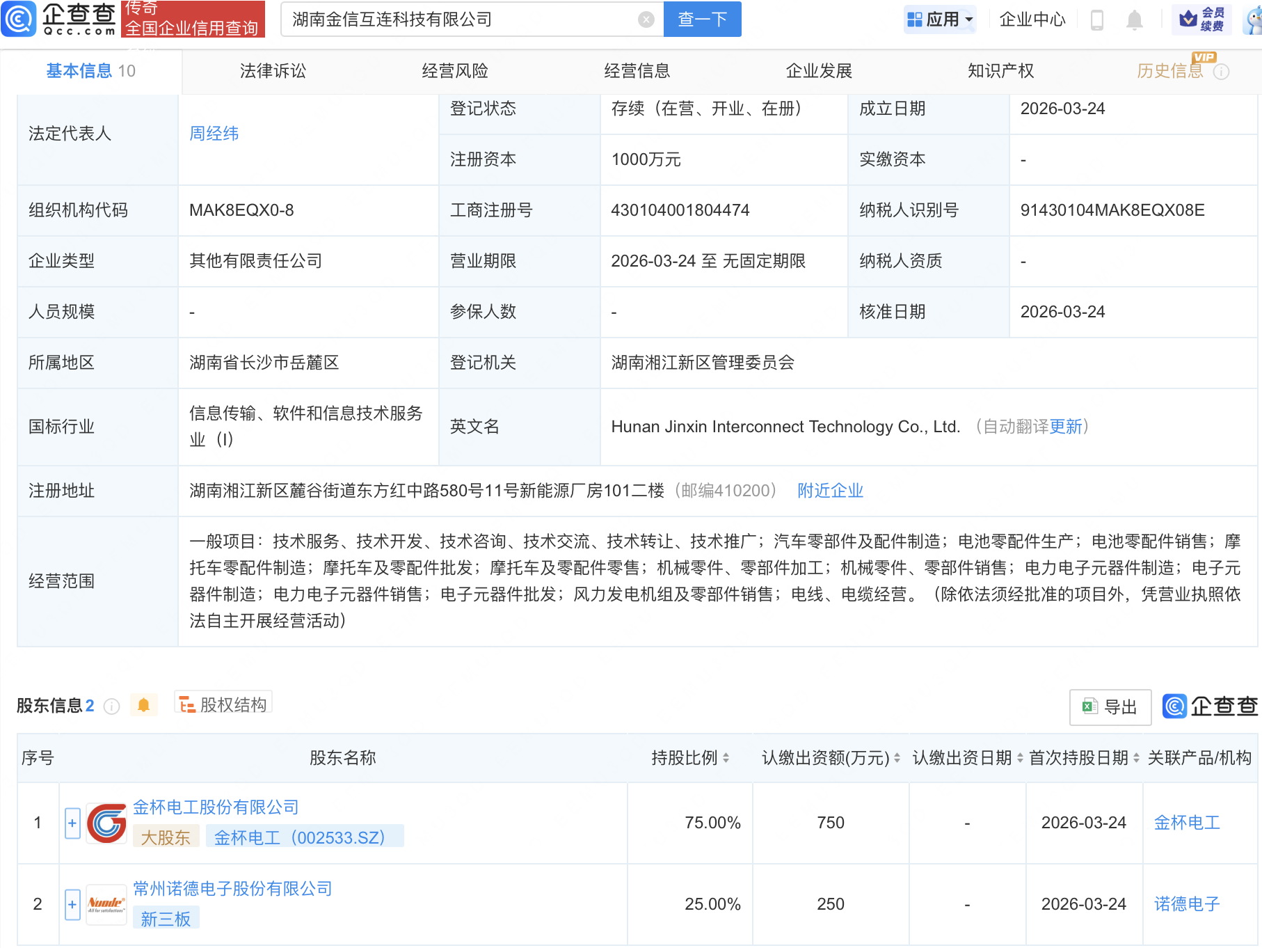 金杯电工等在湖南成立互连科技公司