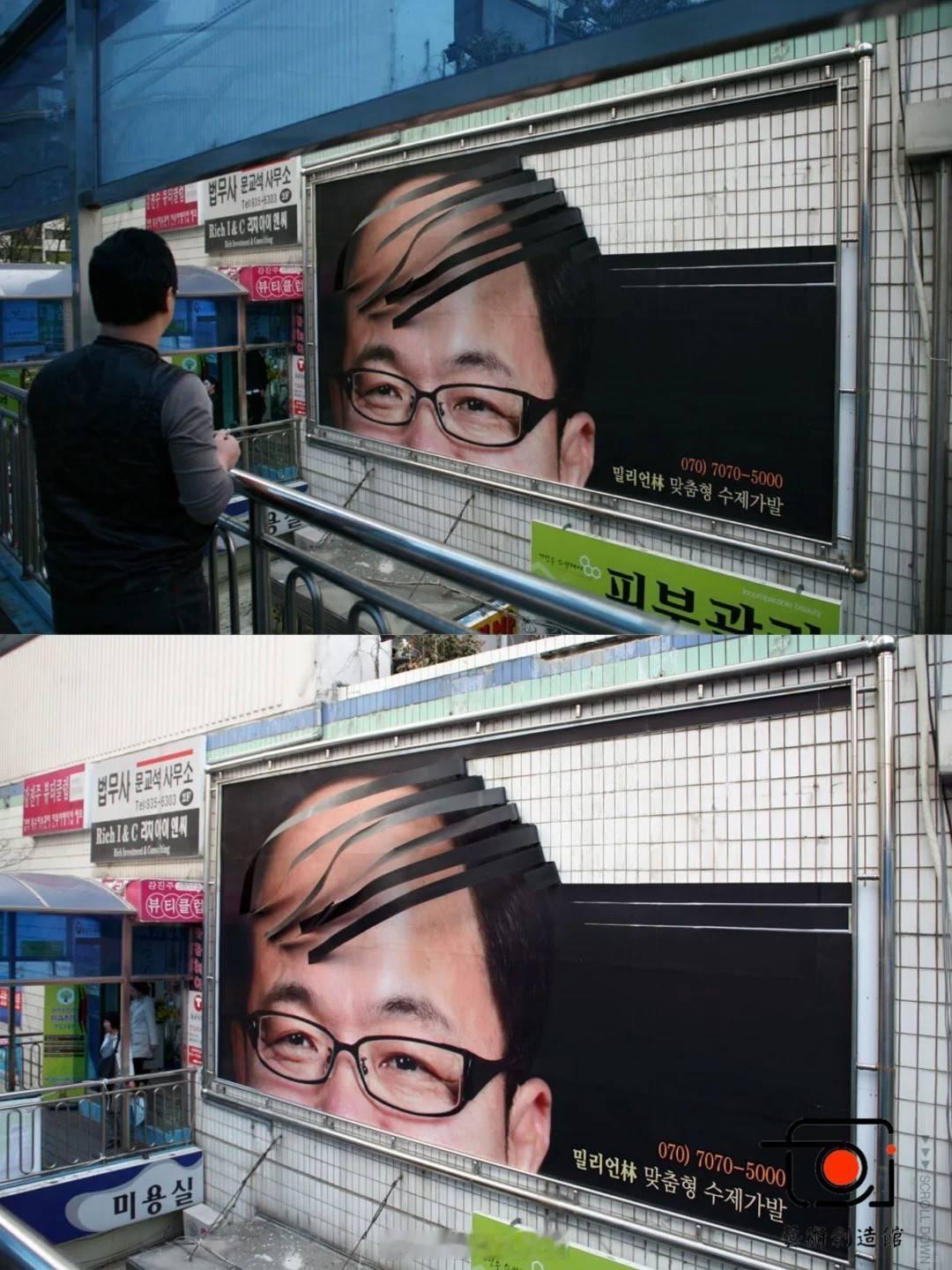 韩国“百万假发”小店的户外广告。户外广告创意假发