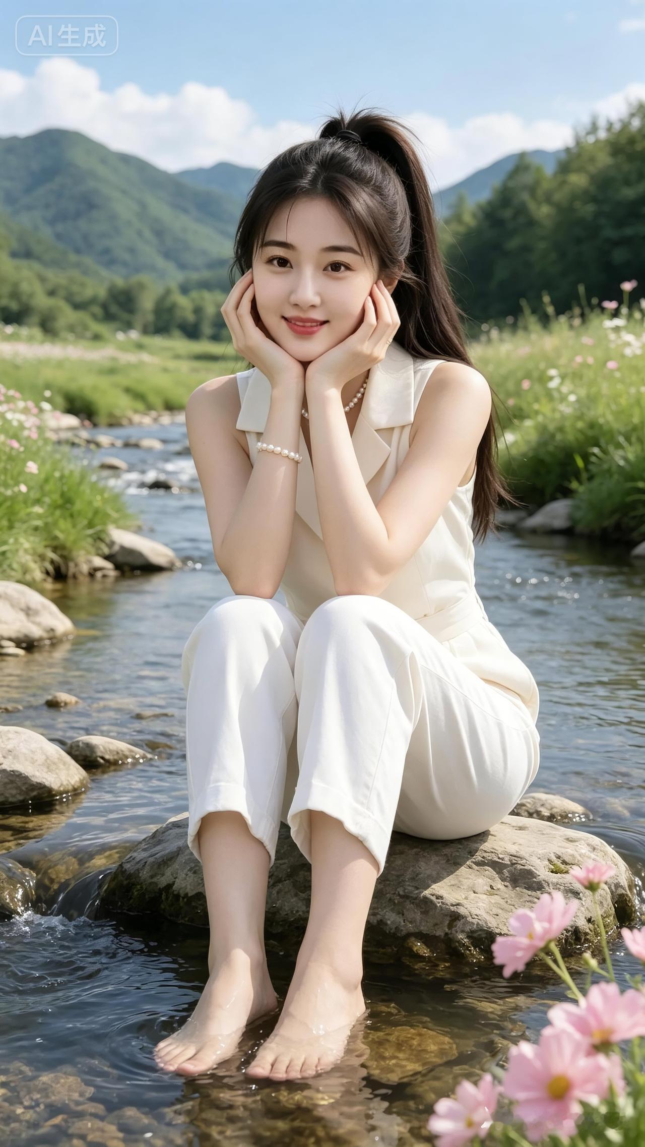高马尾少女一身米白无袖连体裤，珍珠配饰衬温婉，赤脚坐溪石托腮浸清泉，青山花草白云