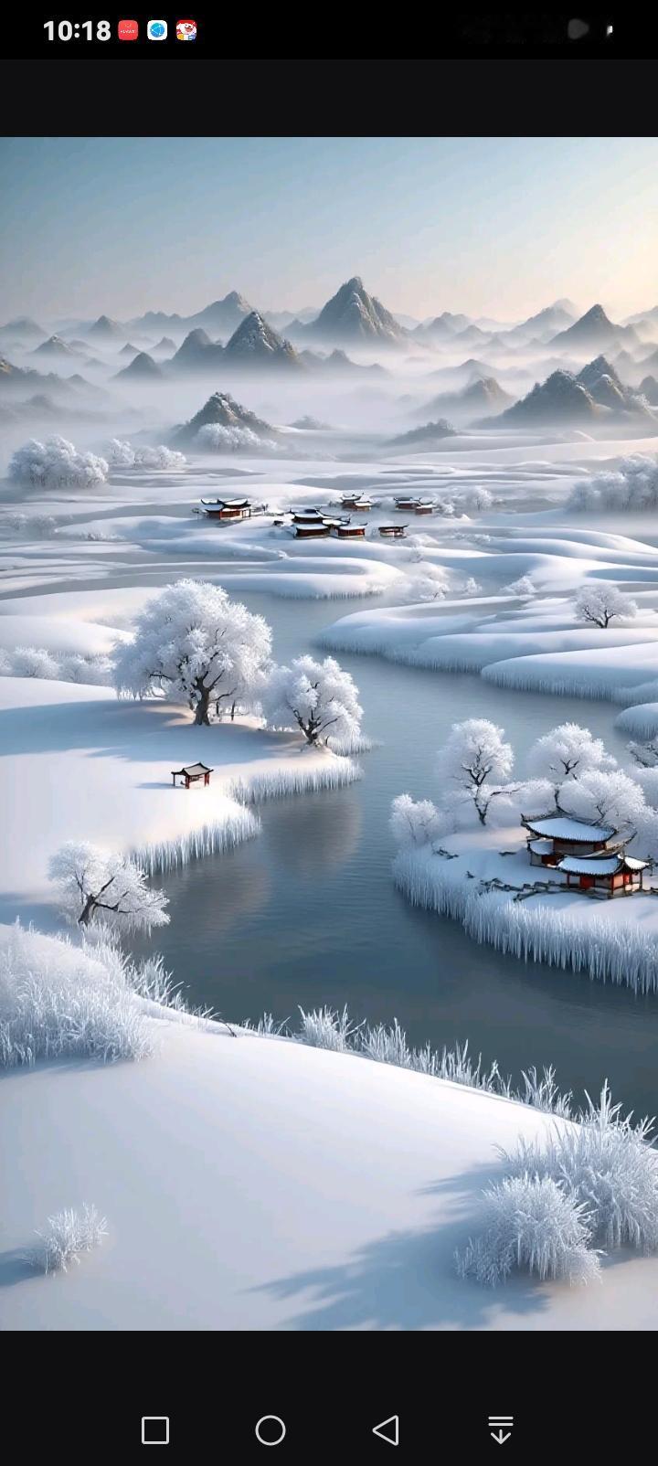 雪裹千山，雾漫层峦，银装素裹的天地间，一条碧水如带蜿蜒穿行。琼枝玉树凝霜挂雪，江