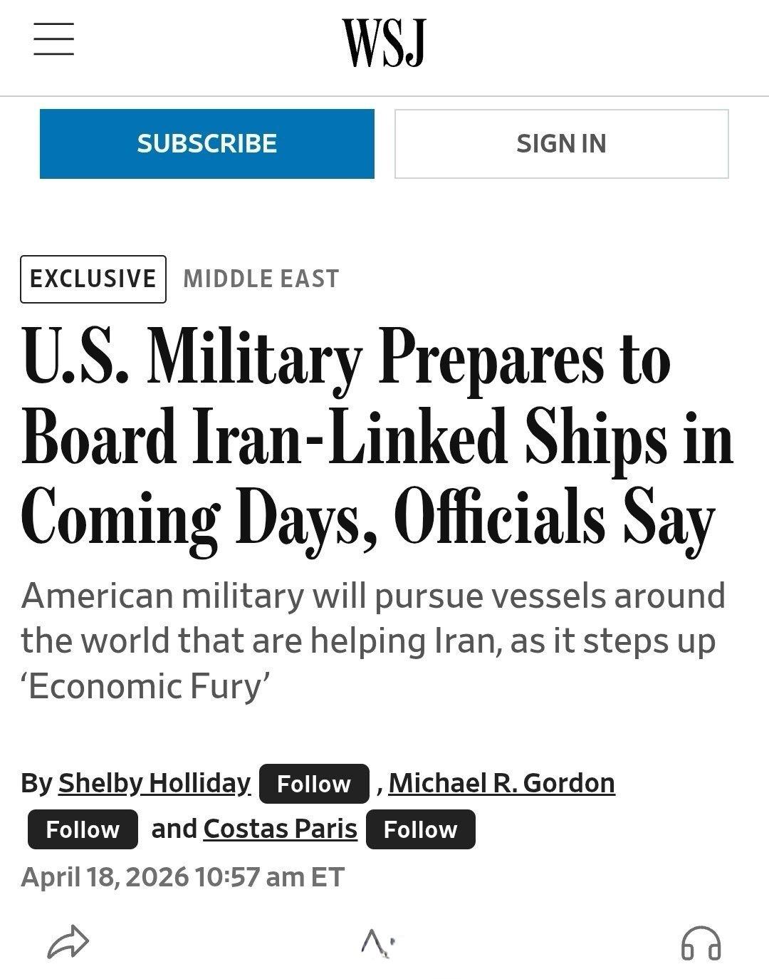 WSJ报道，美军打算在未来几天在全球范围内劫持所有与伊朗有关的舰船。 ​​​
