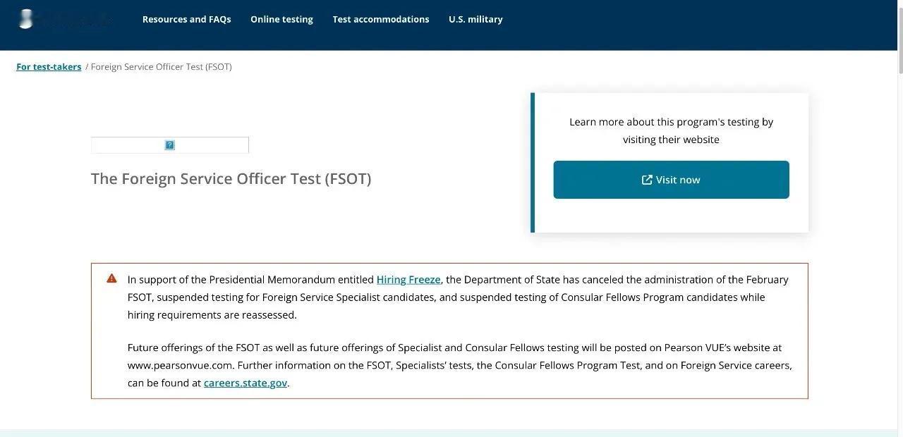 为执行特朗普的90天招聘冻结令，美国国务院已取消2月份的外交官考试，并暂停对外交
