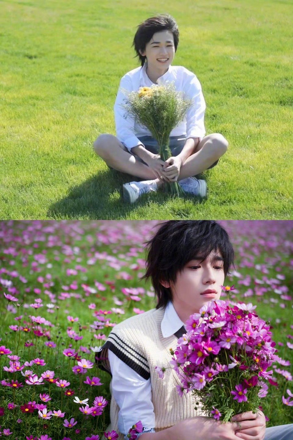 宋亚轩海胆头等比例长大的小宋老师，抱着花坐在花田的样子，少年感直接溢出屏幕！海胆