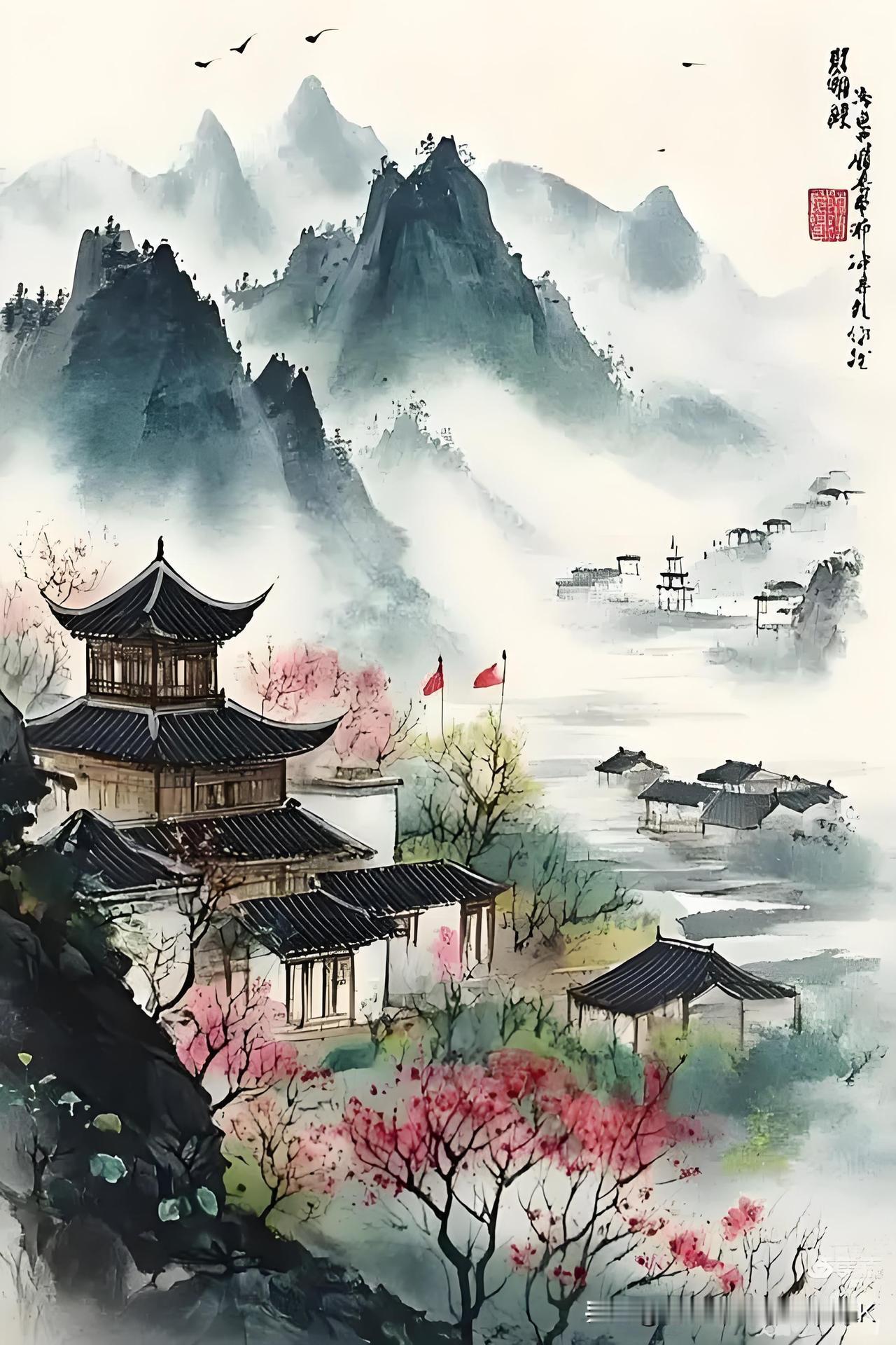 《钟山晚步》
——宋.王安石
小雨轻风落楝花，
细红如雪点平沙。
槿篱竹屋江村路