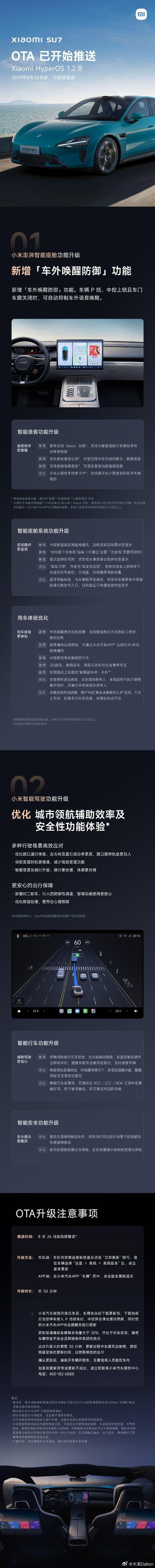 小米汽车官方于8月26日宣布，小米SU7正式开启Xiaomi HyperOS 1
