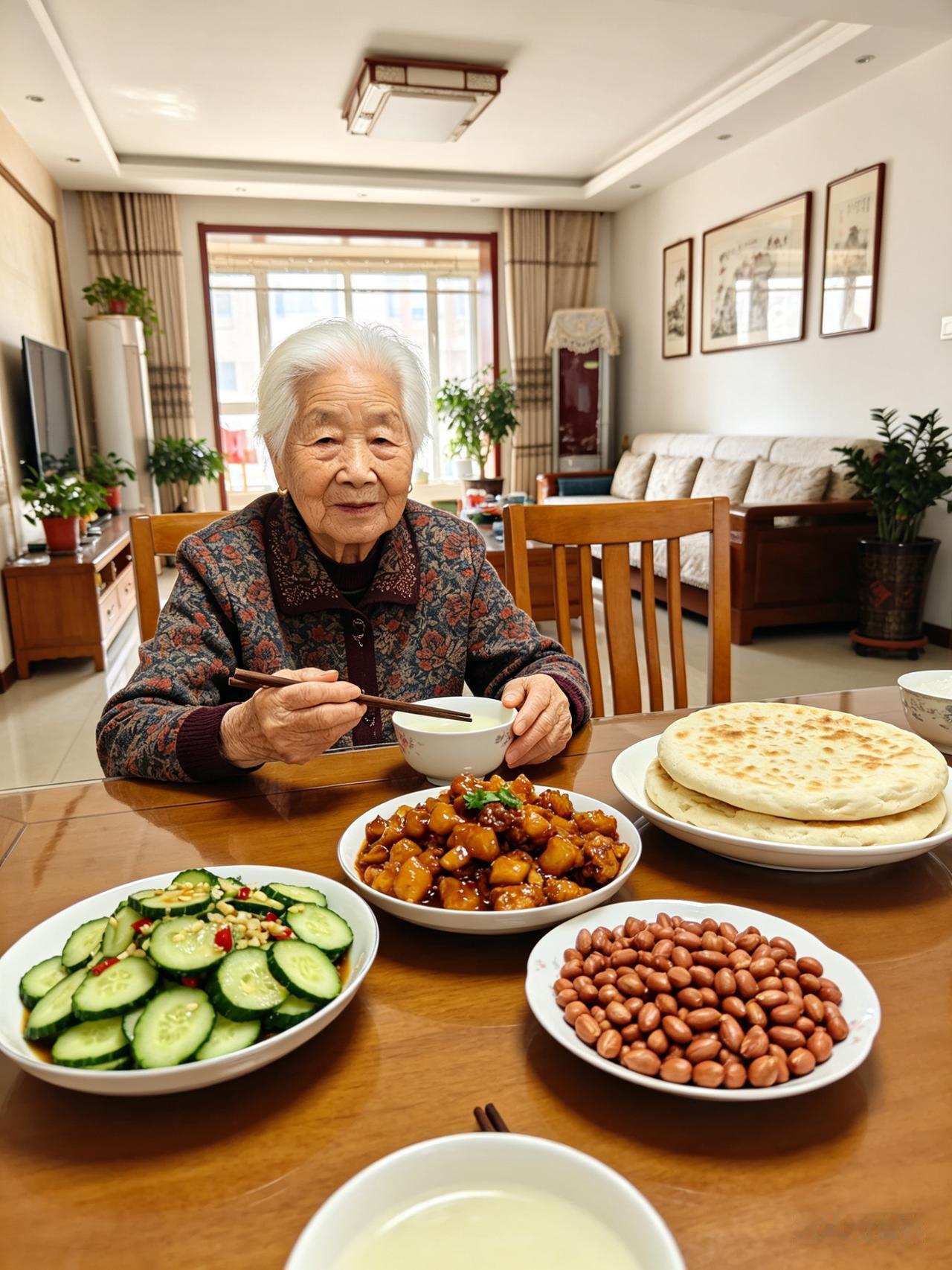 我家老婆婆今年92岁，一头雪白的头发，看着就精神！
 
她从来不爱吃荤，顿顿就爱