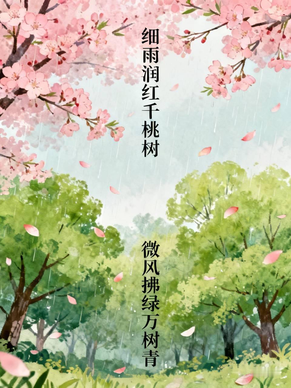 下联：微凤吹绿万树青。