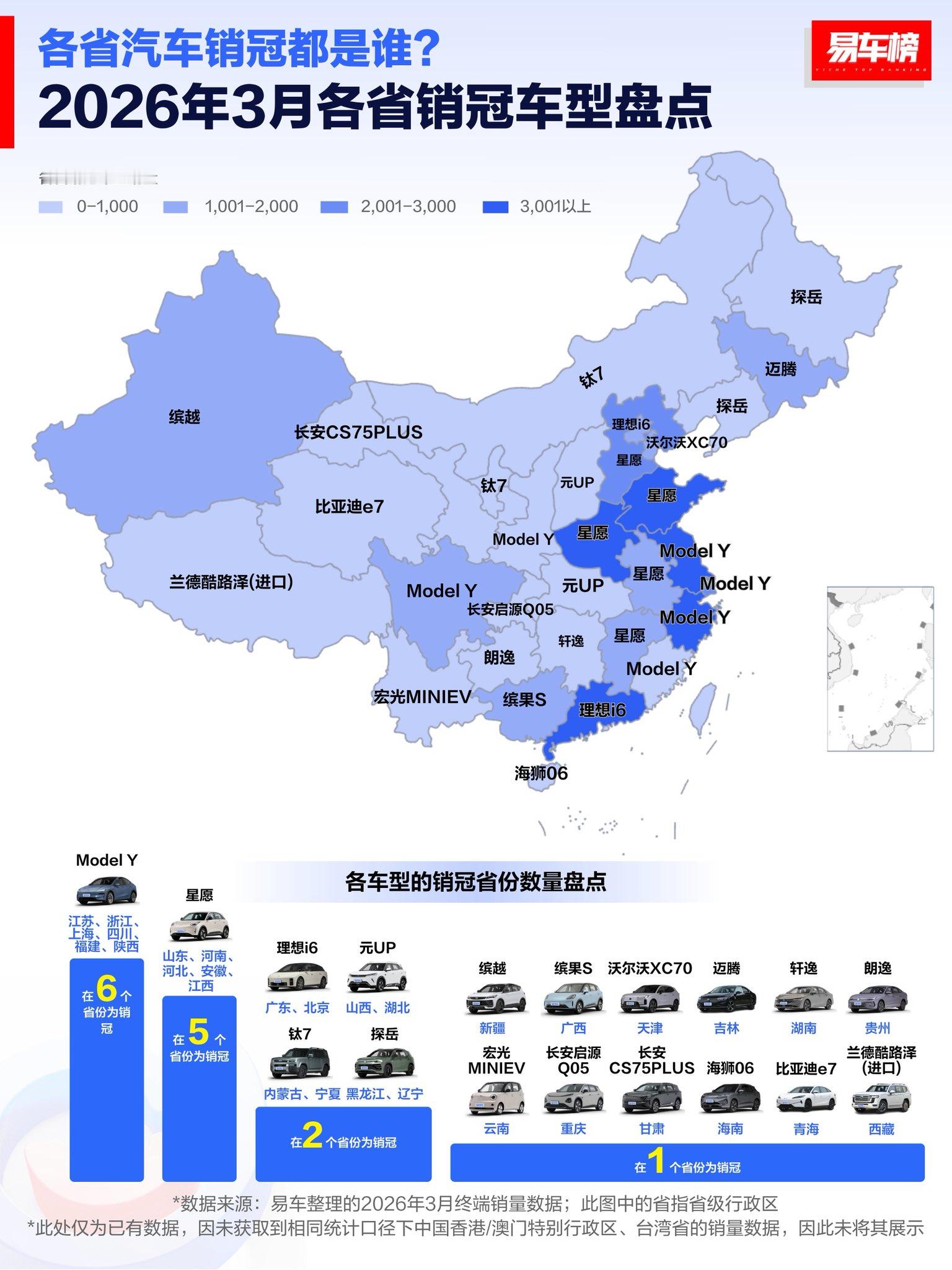 每个省卖的最多的汽车型号 - 26年3月份Model Y ：江苏、浙江、上海、四