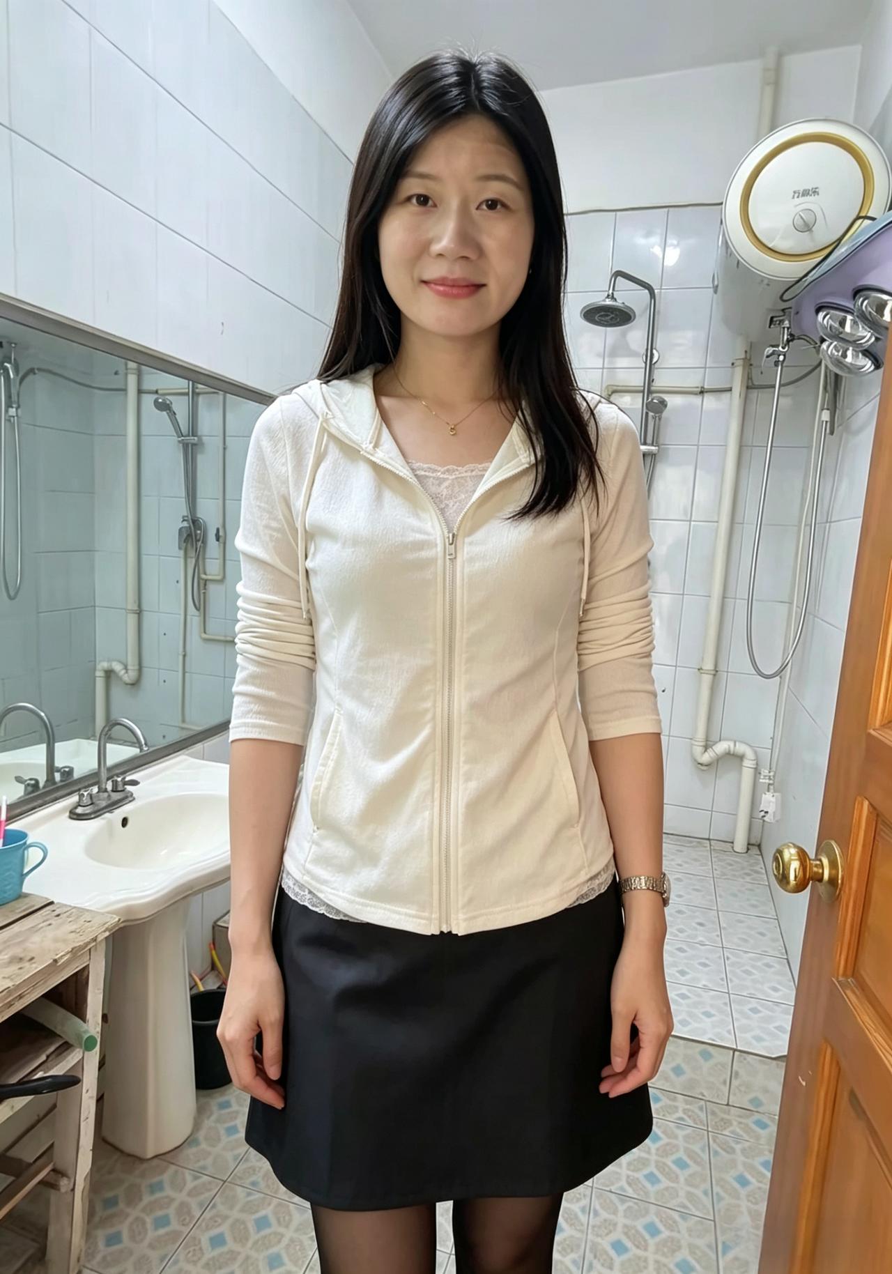 素色连帽衬清灵，雅致穿搭韵自生。
黑发垂肩含秀气，明眸浅笑动人情。
身姿娉婷多端