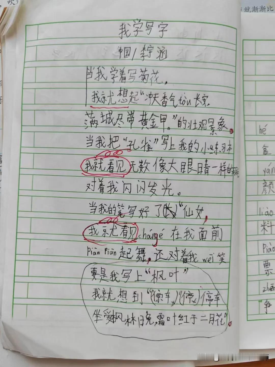 我学写字
中国/李宇涵

当我学着写菊花,
我就想起