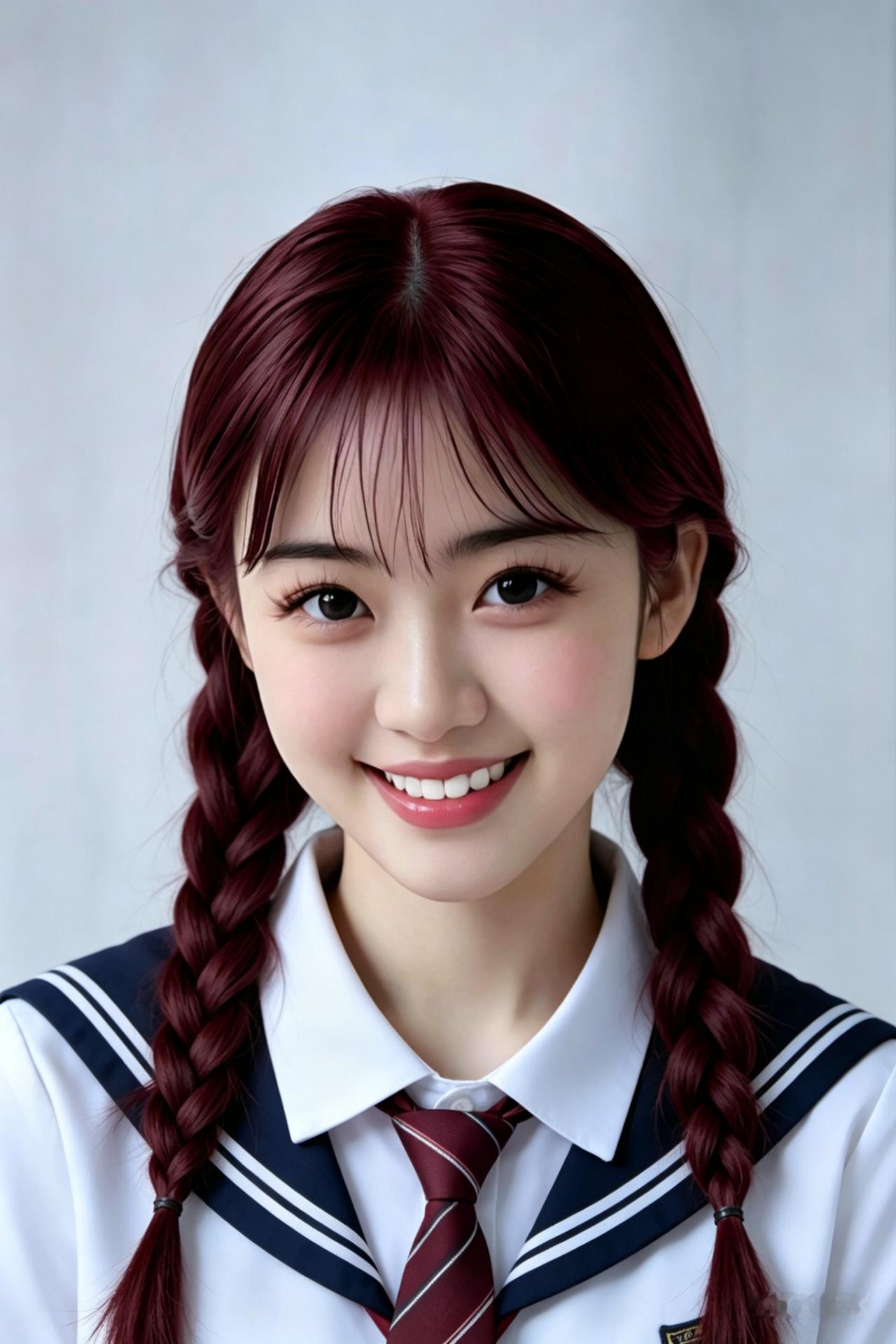 穿校服的少女，酒红双辫配笑眼，青春元气满满，治愈系笑容直击心巴！