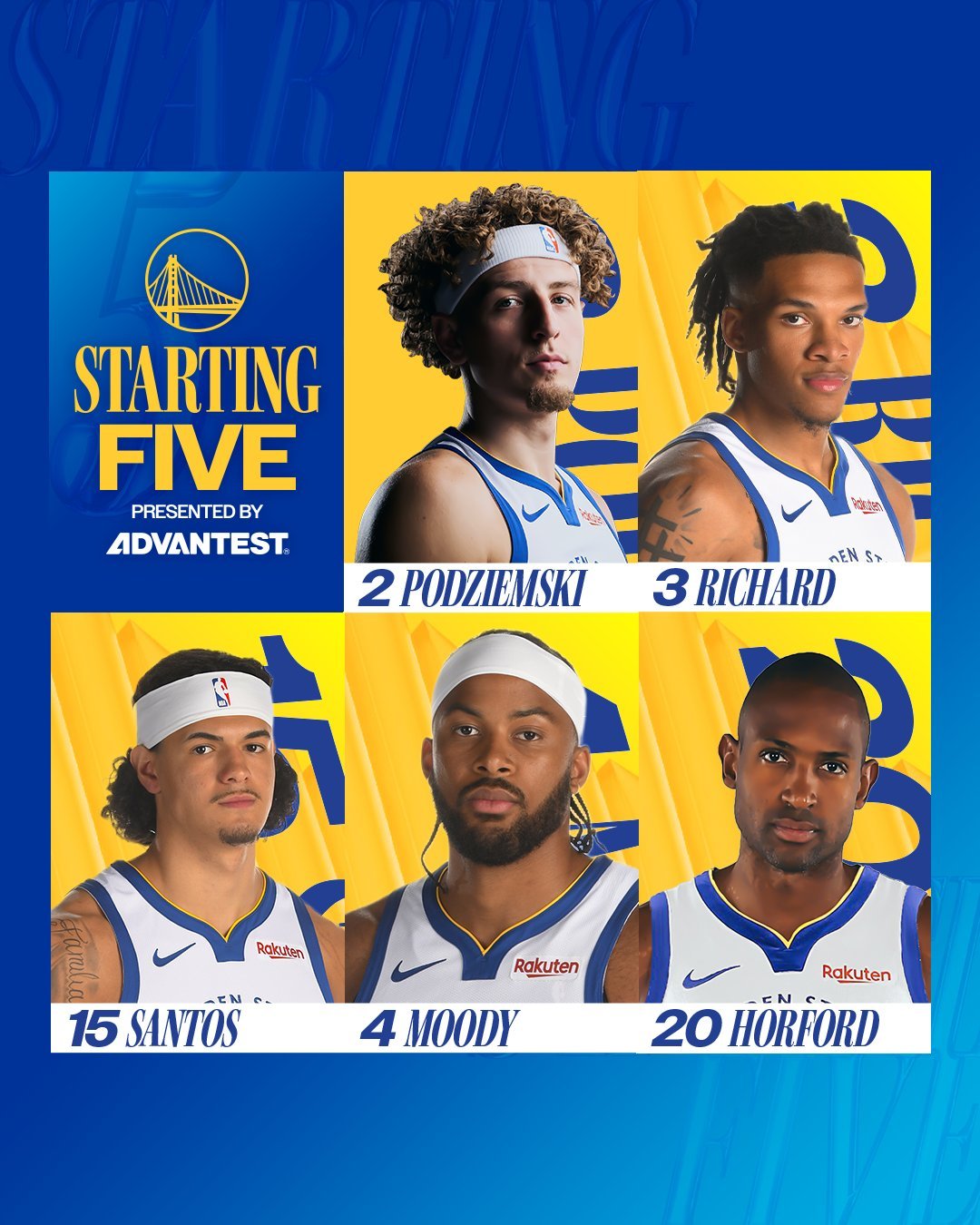 今日首发：波杰 理查德 穆迪 桑托斯 霍福德加油加油愿球员们健康完赛金州勇士勇士