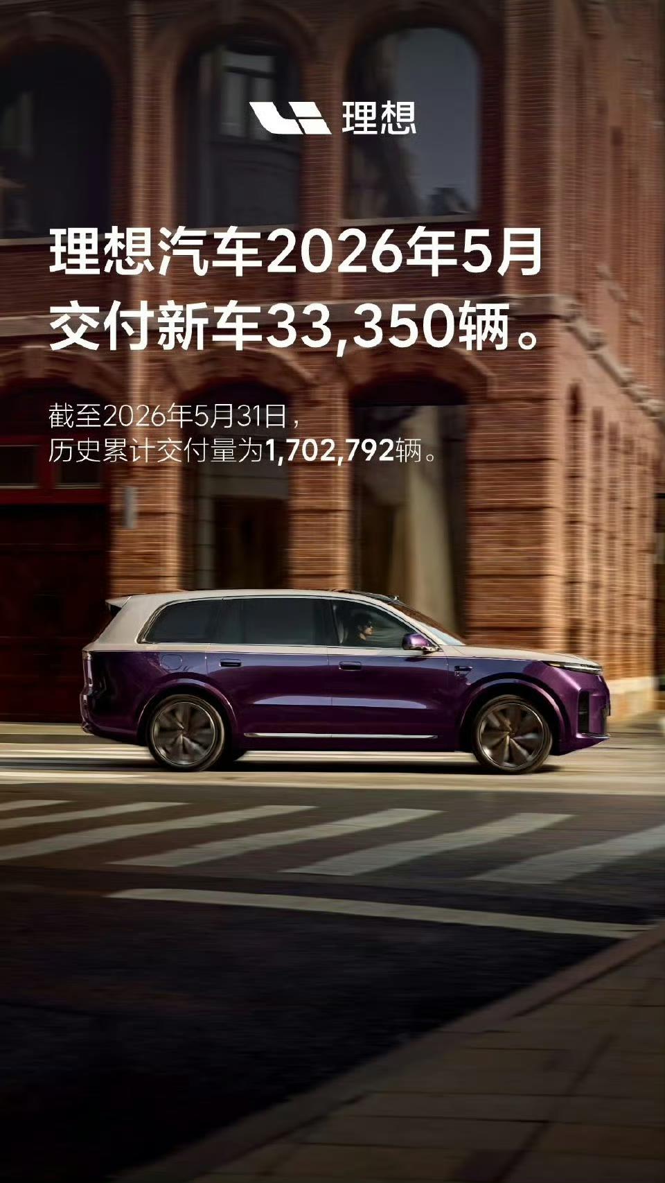 5月理想汽车共交付新车33350辆，同比下降18.37%。目前品牌累计交付已突破
