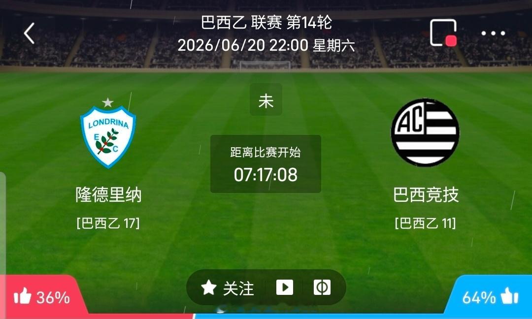 【北单】周六16巴西乙方向：隆迪那vs巴西竞技巴西乙：隆迪那VS巴西竞技时间：2