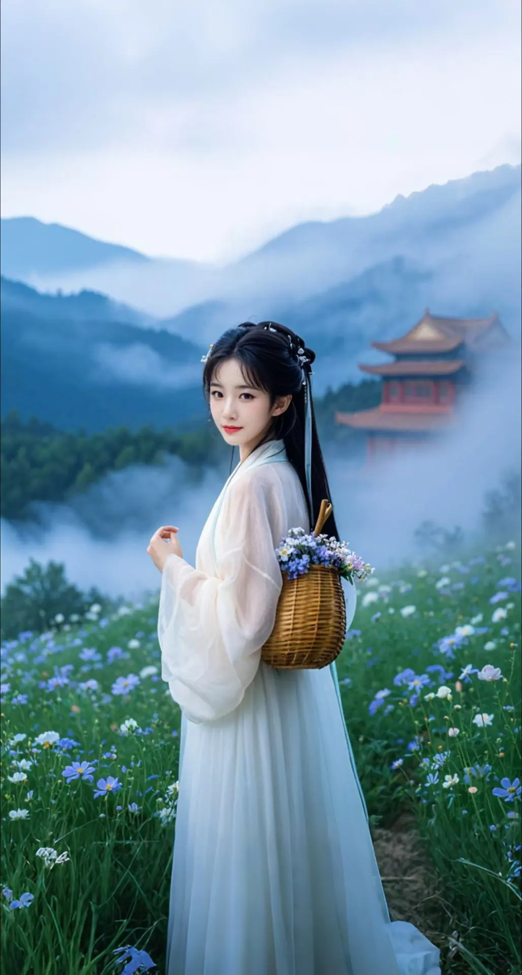 AI扩图 AI山间仙采女