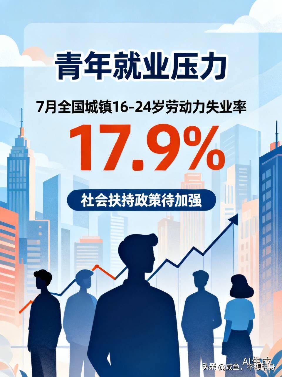 看到7月全国城镇不包含在校生的16 - 24岁劳动力失业率达17.9%，还较上月
