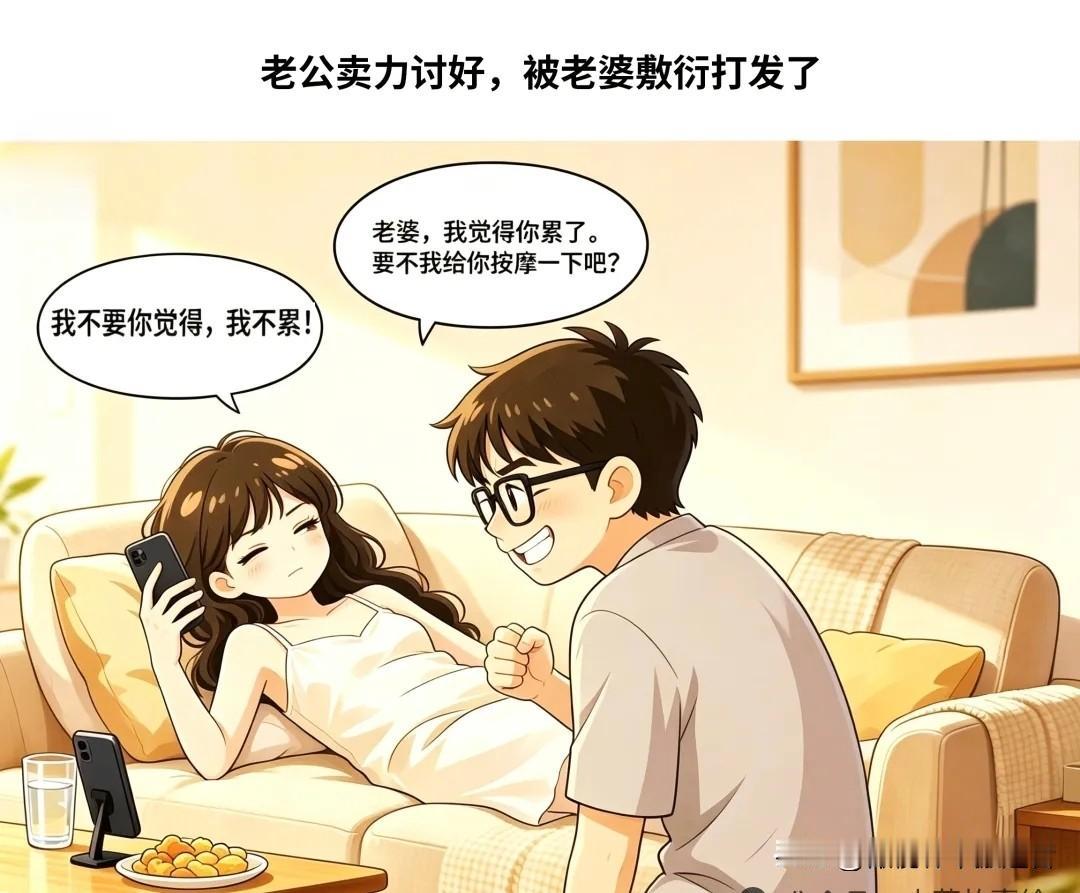 趣味漫画：老公献殷勤：老婆，我给你按摩一下吧？老婆白了他一眼：我不累！老公继续讨
