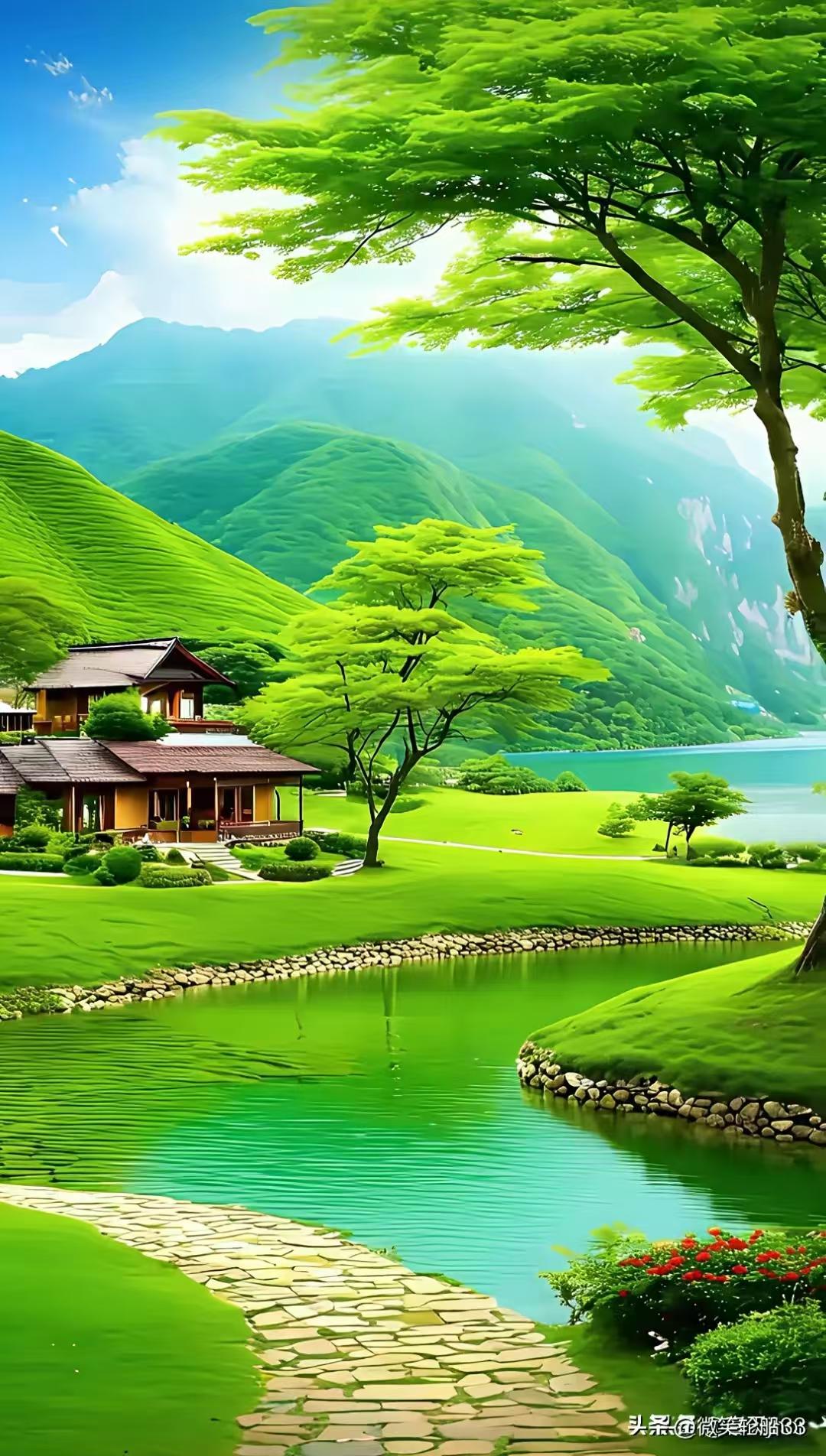 天净沙·望远 
群山万里相连，
野草翠绿平川。
池映长天湛然，
生机无限，
大自