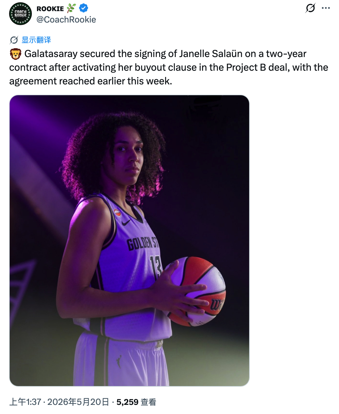 WNBA 去年11月跟卡多佐李梦一起官宣的萨隆，上周被加拉塔萨雷激活了她在Pro