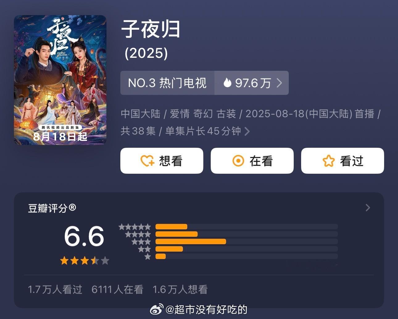 许凯《子夜归》豆瓣开分6.6 是不是低了 ​​​