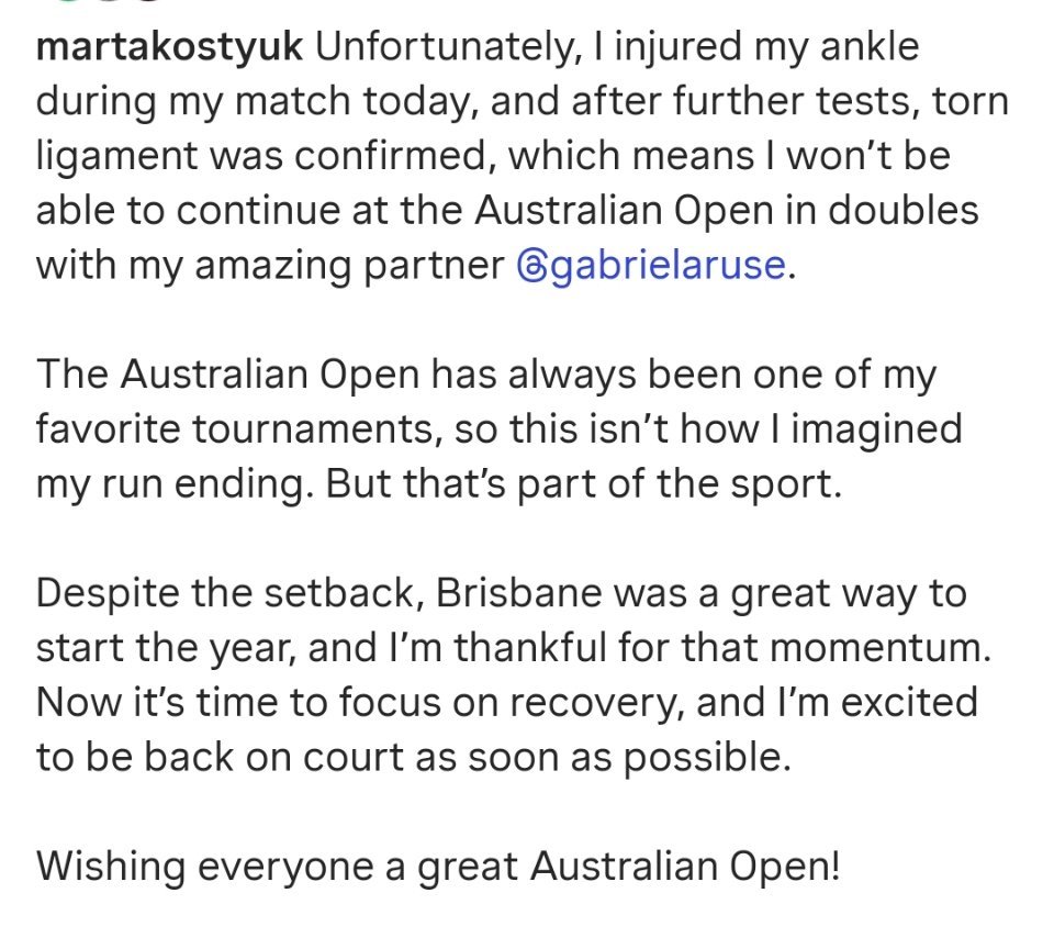 澳网征程遗憾结束💔科斯秋克在澳网2026首轮比赛中不慎跌倒扭伤脚踝，经过进一步