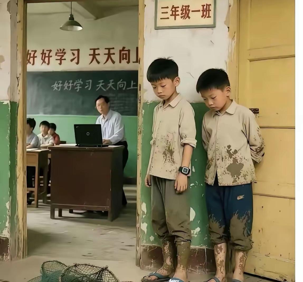 两个孩子满身泥巴站在教室门口。80后回忆，上课迟到或不会背课文都会被老师惩罚，那