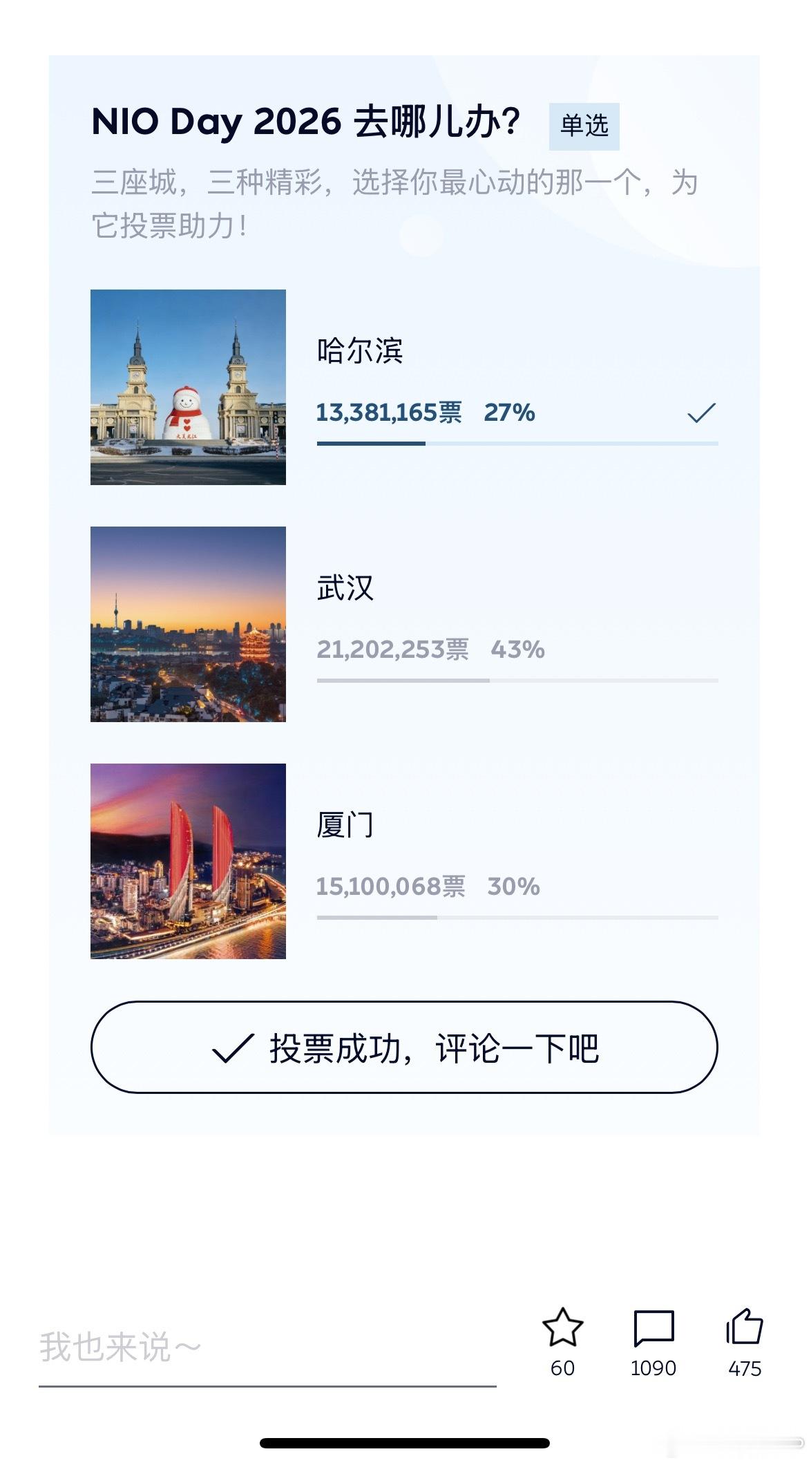 NIO DAY 2026的申办城市投票开始了，哈尔滨、武汉、厦门三选一。我选了哈