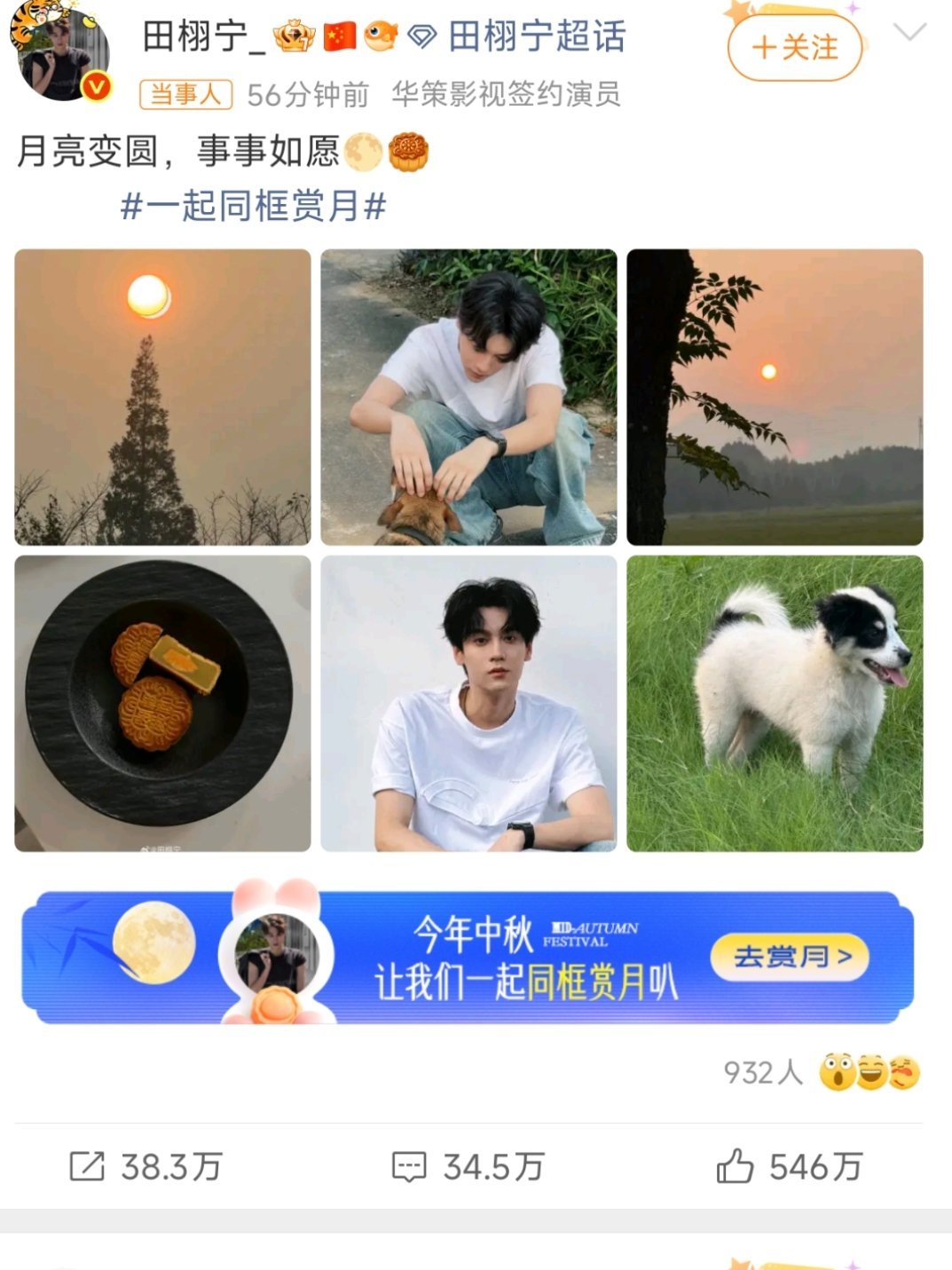 田栩宁中秋营业田栩宁中秋发布生活随拍，以白T恤、卷袖边等清爽造型与萌宠互动，让大