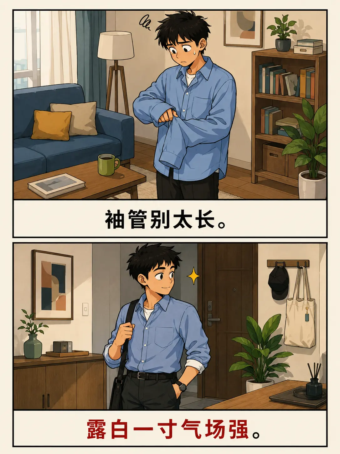 男生穿搭6个分寸，错一个显邋遢。男人的体面在分寸里。袖露一寸、扣解两颗...