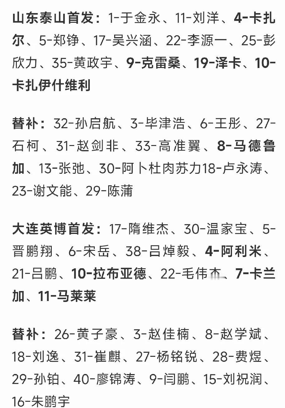 今天下午三点半中超第二轮，山东泰山vs大连英博首发阵容出炉！双方均四外援，于金永