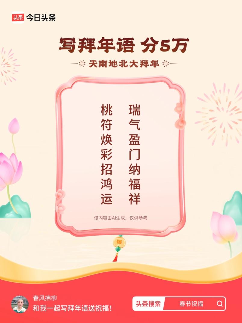 写拜年语送祝福新春拜年送祝福！我的祝福是：“桃符焕彩招鸿运，瑞气盈门纳福祥”！快