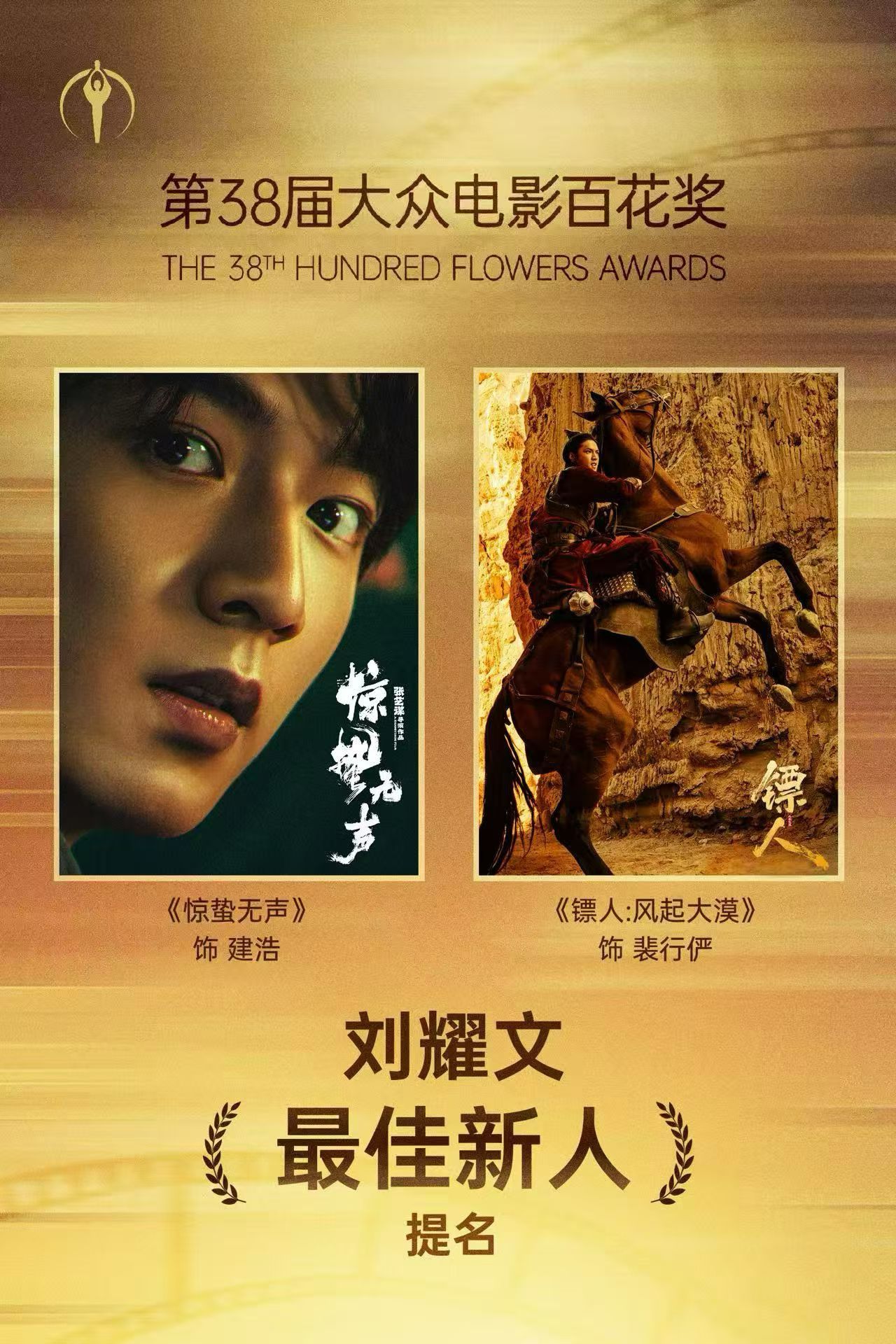 刘耀文 第38届百花奖提名名单 《惊蛰无声》饰 建浩《镖人:风起大漠》饰 裴行俨